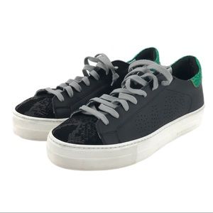 P448 Thea Black Leather Lace Up Sneaker Green Glitter Heel Accent EU 40 US 9.5